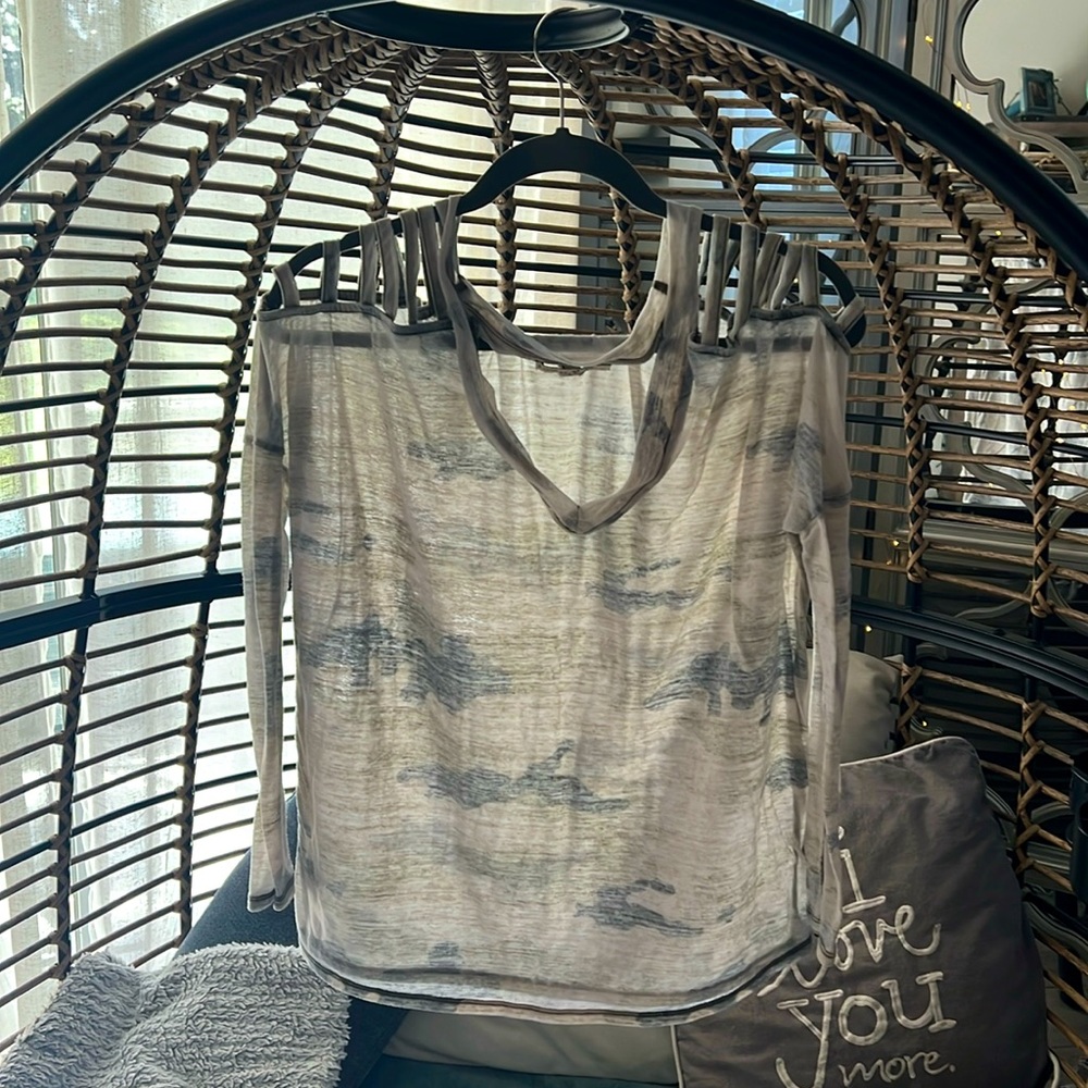 Express One Eleven Sheer Camouflage Peek-a-Boo Top, Size S
